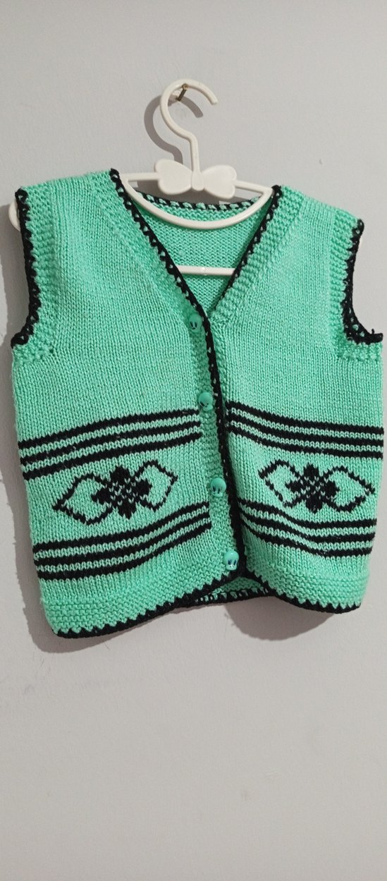 Nakışlı Turkuaz Kız Triko Yelek - Görsel 4