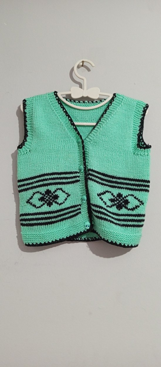 Nakışlı Turkuaz Kız Triko Yelek - Görsel 3