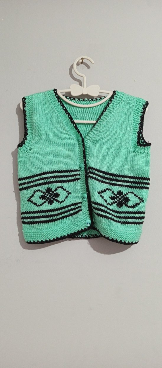 Nakışlı Turkuaz Kız Triko Yelek - Görsel 2