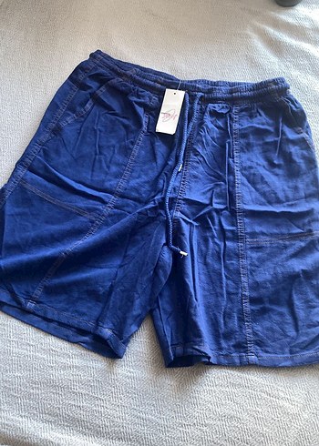 Düğmeli Mavi Midi Keten Şort - Görsel 2