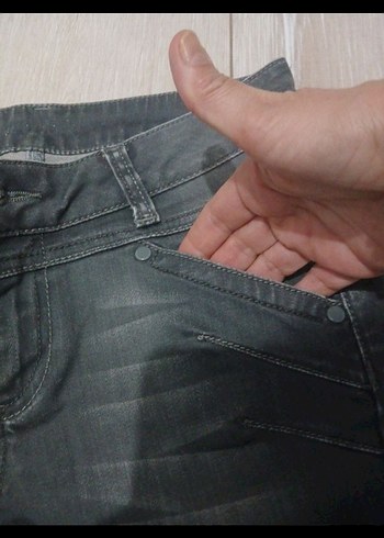 Gri Kadın Denim Pantolon Tokalı Midi Boy - Görsel 3