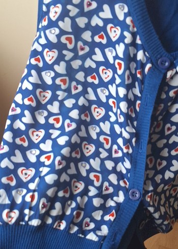 Renkli Kalp Desenli Mavi Kadın Hırka - Görsel 2