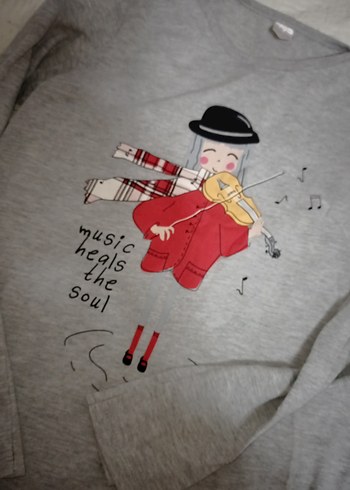 Kız Çocuk Gri Uzun Kollu Baskılı Tişört - Görsel 2