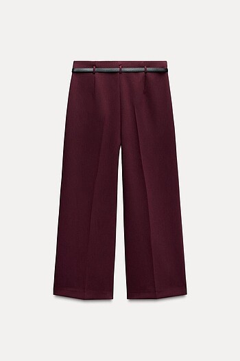 s Beden bordo Renk ZARA ZW COLLECTION KEMERLİ CULOTTE PANTOLON