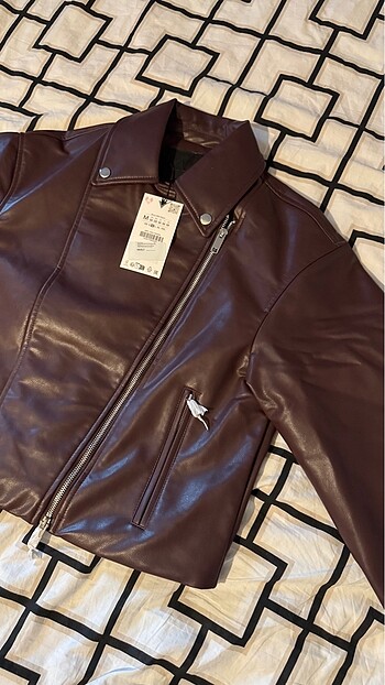 m Beden bordo Renk Zara SUNİ DERİ CROP BIKER CEKET