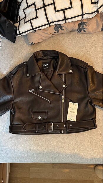 l Beden kahverengi Renk Zara PARLAK EFEKTLİ BIKER CEKET