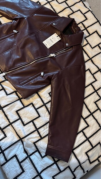 s Beden bordo Renk Zara SUNİ DERİ CROP BIKER CEKET