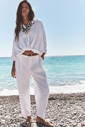 ZARA KEMERLİ DÜZ KETEN PANTOLON
