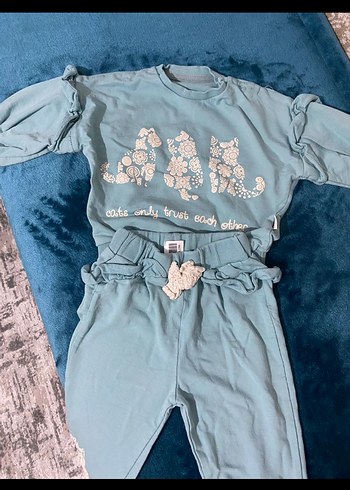 Kız Çocuk Mavi Dantel Detaylı Sweatshirt ve Eşofman - Görsel 2