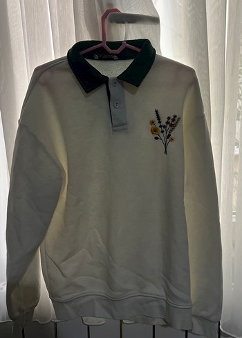 Diğer Ekru Cicekli Polo Yaka Sweatshirt