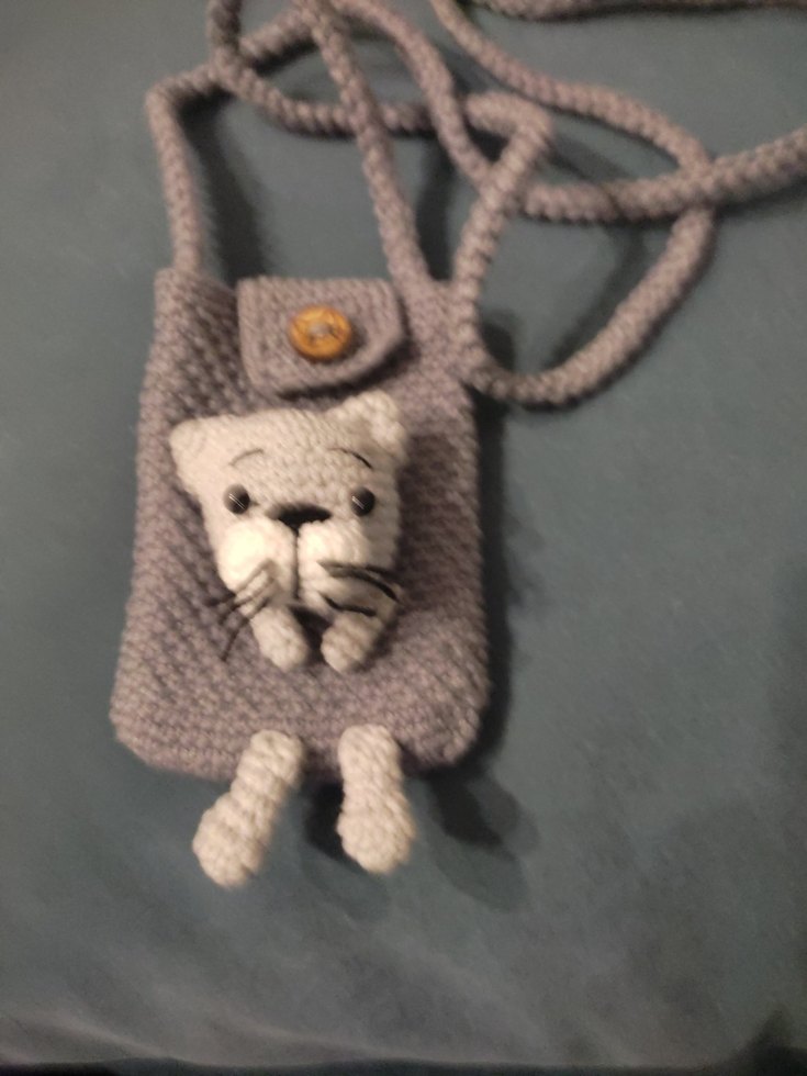 Gri Örgü Kedi Figürlü Kedi Aksesuar Çantası - Görsel 2