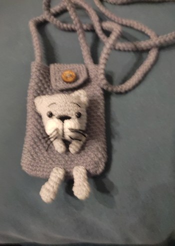 Gri Örgü Kedi Figürlü Telefon Çantası