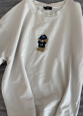 Beyaz Kadın Oversize Tişört Ayıcık Baskılı