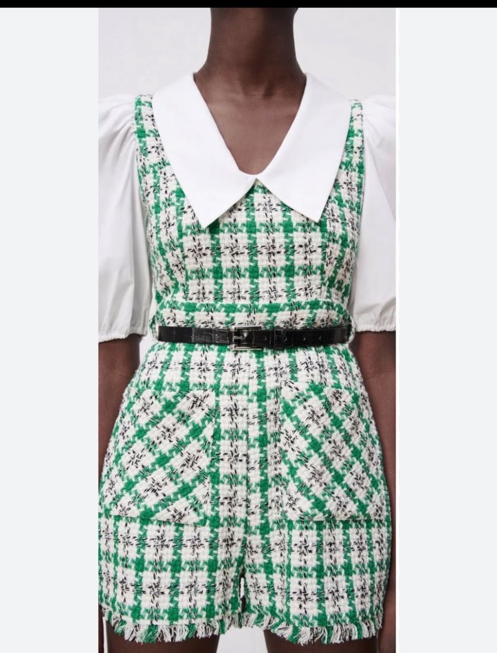 Kadın Kemerli Yeşil Kareli Mini Tulum Zara orginal - Görsel 2