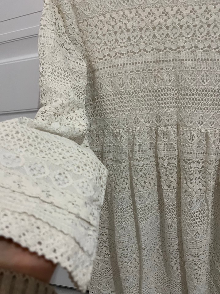 Dantel Detaylı Beyaz Bohem Triko Elbise - Görsel 2