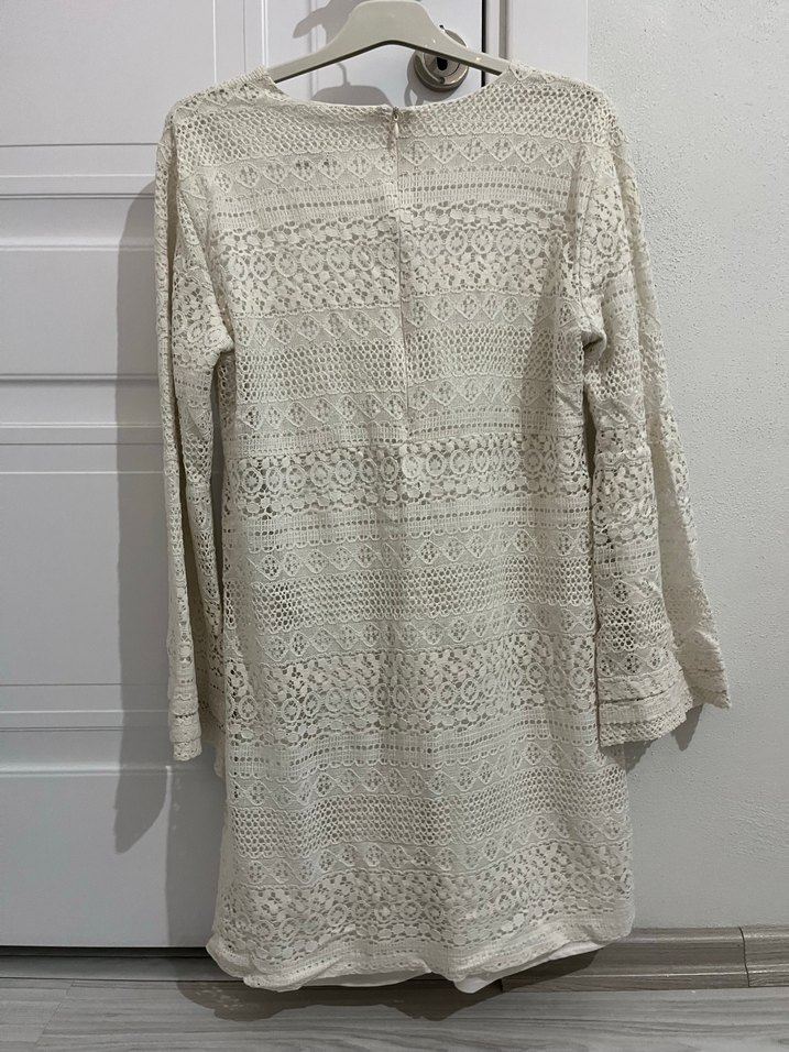 Dantel Detaylı Beyaz Bohem Triko Elbise - Görsel 4