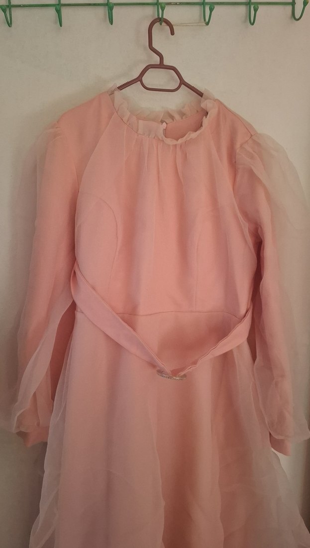 Pudra Renk Uzun Kollu Bohem Uzun Elbise - Görsel 3