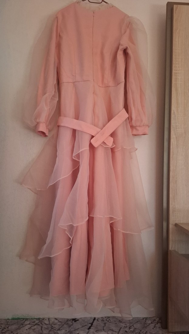 Pudra Renk Uzun Kollu Bohem Uzun Elbise - Görsel 5