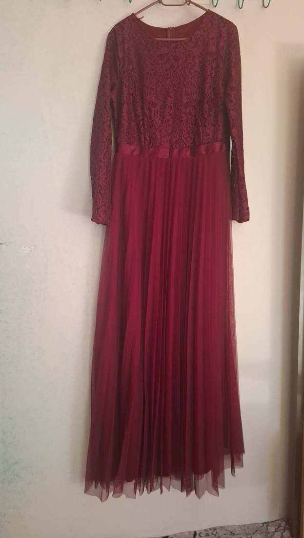 Bordo Uzun Kollu Piliseli Kadın Elbise - Görsel 2