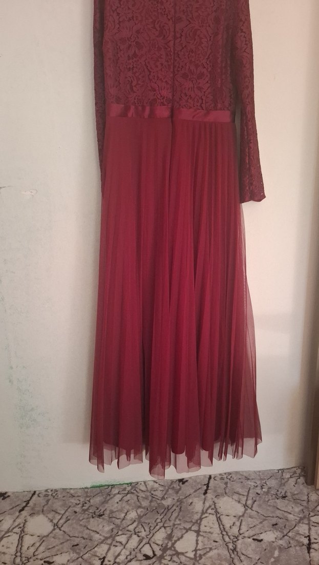 Bordo Uzun Kollu Piliseli Kadın Elbise - Görsel 4