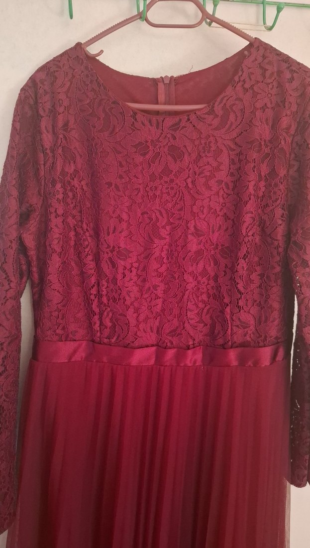 Bordo Uzun Kollu Piliseli Kadın Elbise - Görsel 3