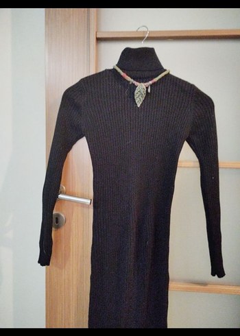 Bohem Siyah Boğazlı Triko Elbise - Görsel 3