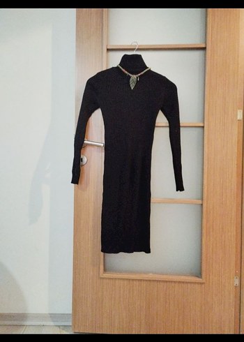 Bohem Siyah Boğazlı Triko Elbise - Görsel 4