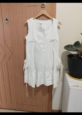 Düğmeli V Yaka Keten Bohem Midi Elbise - Görsel 7