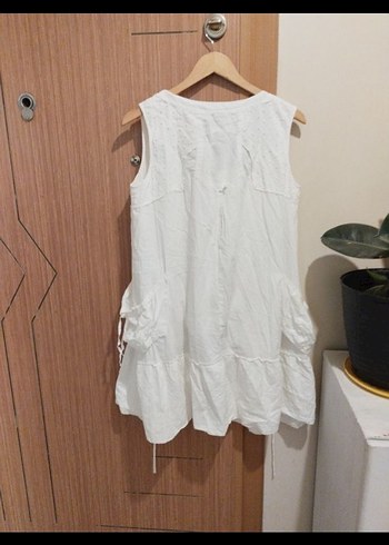 Düğmeli V Yaka Keten Bohem Midi Elbise - Görsel 3