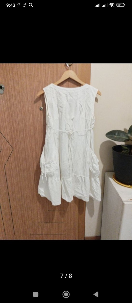 Düğmeli V Yaka Keten Bohem Midi Elbise - Görsel 2