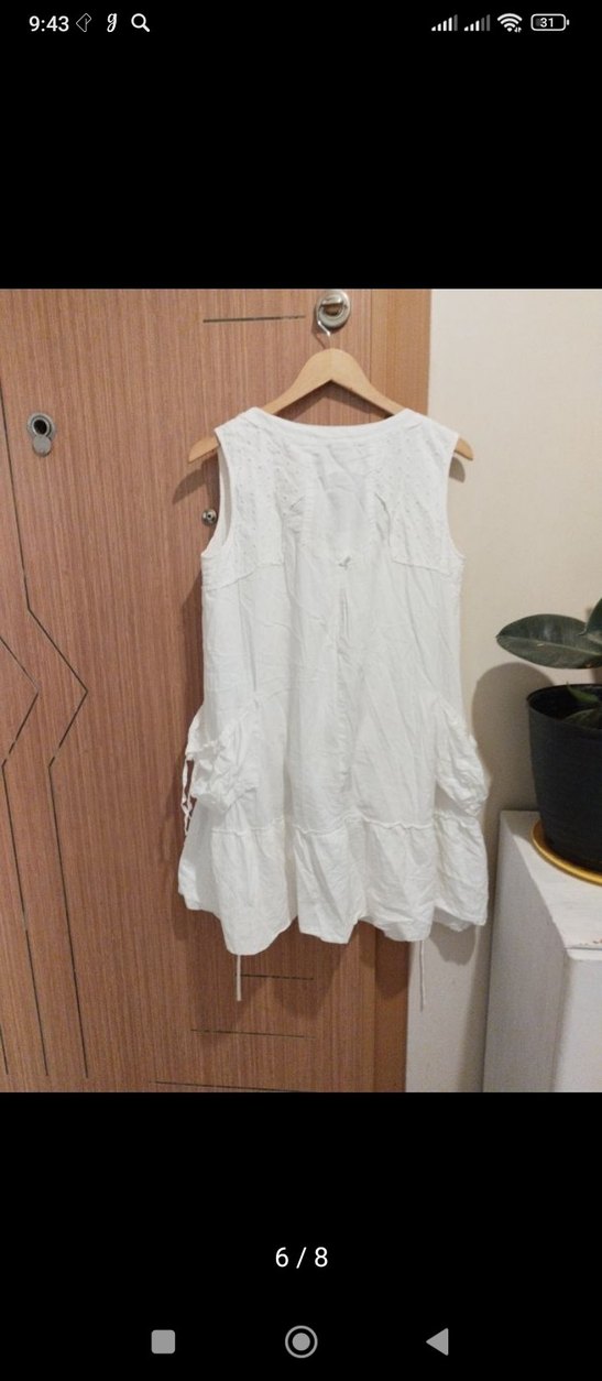 Düğmeli V Yaka Keten Bohem Midi Elbise - Görsel 3