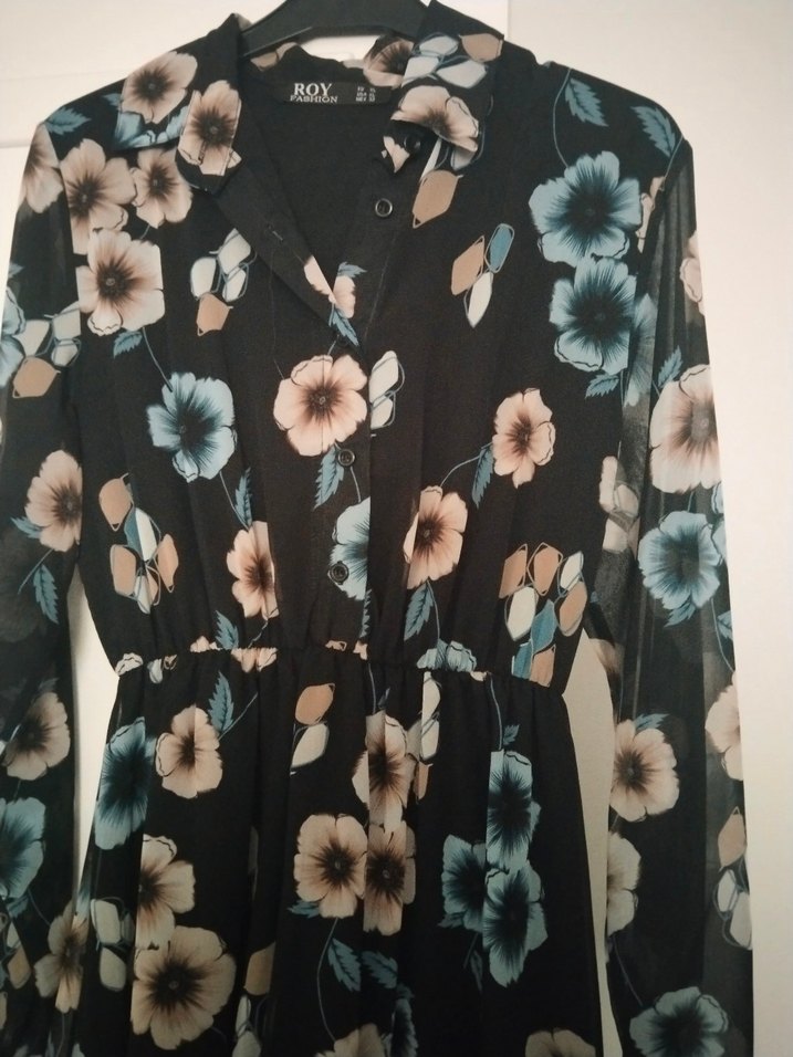 Çiçek Desenli Siyah Uzun Elbise - Görsel 2