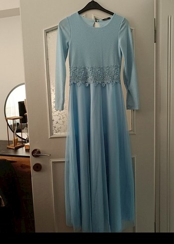 Dantel Detaylı Uzun Pembe Kadın Abiye Elbise - Görsel 7