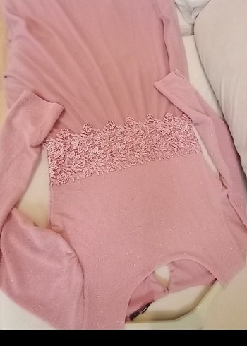 Dantel Detaylı Uzun Pembe Kadın Abiye Elbise - Görsel 5