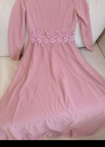 Dantel Detaylı Uzun Pembe Kadın Abiye Elbise - Görsel 3