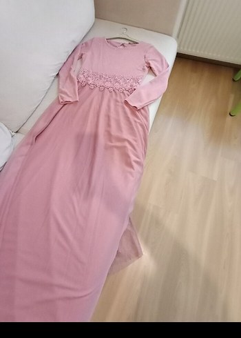 Dantel Detaylı Uzun Pembe Kadın Abiye Elbise - Görsel 6