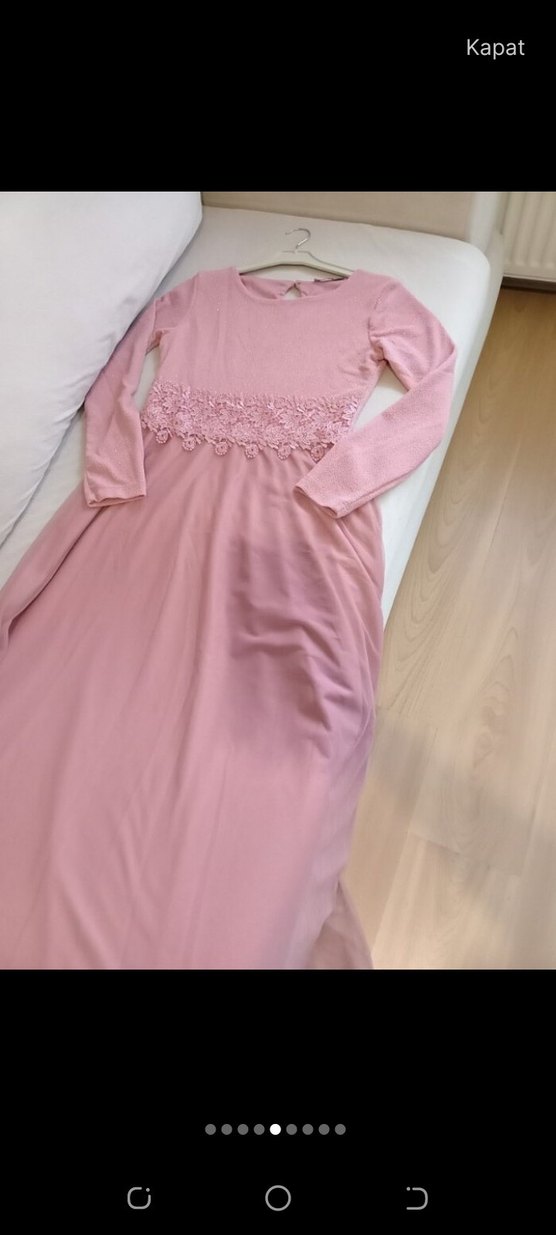 Dantel Detaylı Uzun Pembe Kadın Abiye Elbise - Görsel 4