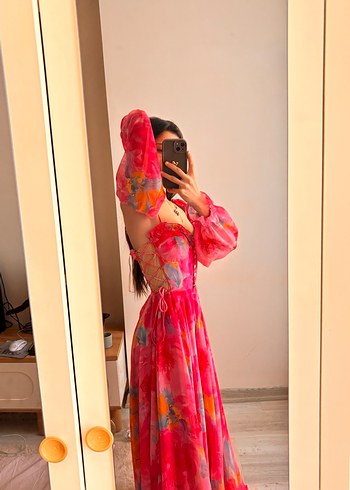 Pembe Transparan V Yakalı Uzun Bohem Elbise - Görsel 5