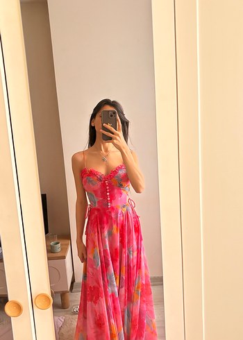 Pembe Transparan V Yakalı Uzun Bohem Elbise - Görsel 4