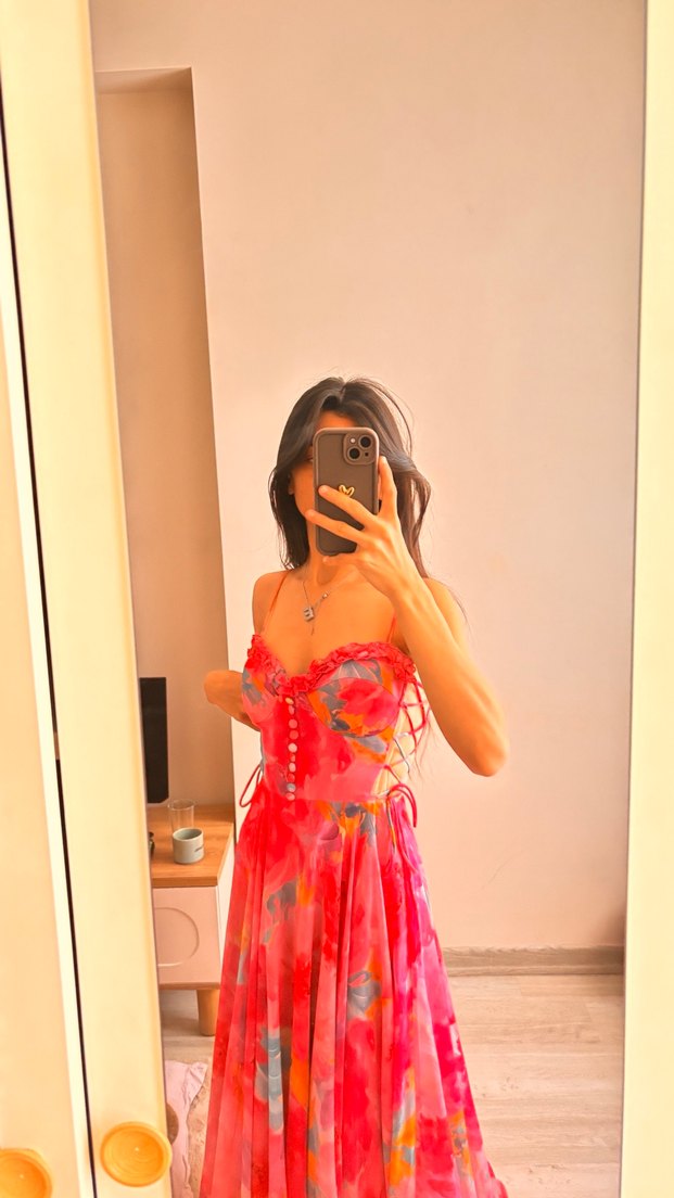 Pembe Transparan V Yakalı Uzun Bohem Elbise - Görsel 3