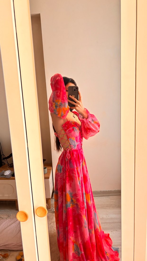 Pembe Transparan V Yakalı Uzun Bohem Elbise - Görsel 5