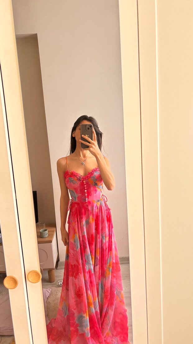 Pembe Transparan V Yakalı Uzun Bohem Elbise - Görsel 4