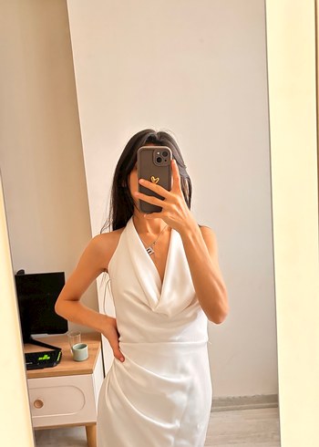 Beyaz Drapeli Midi Elbise - Görsel 2