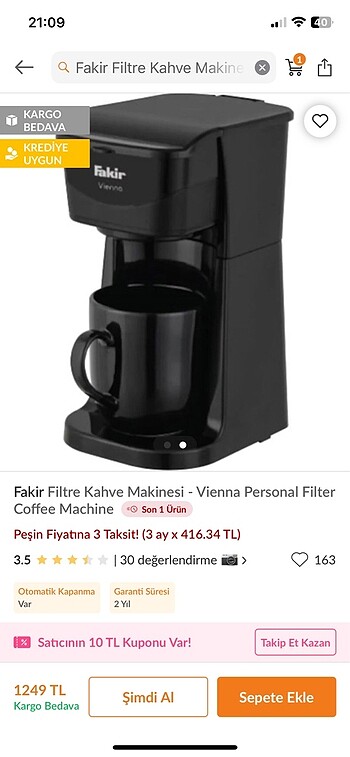 Fakir Sıfır filtre kahve makinesi