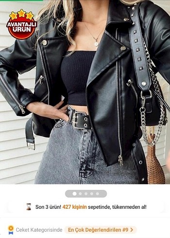 s Beden Siyah Kemerli Biker Deri Ceket