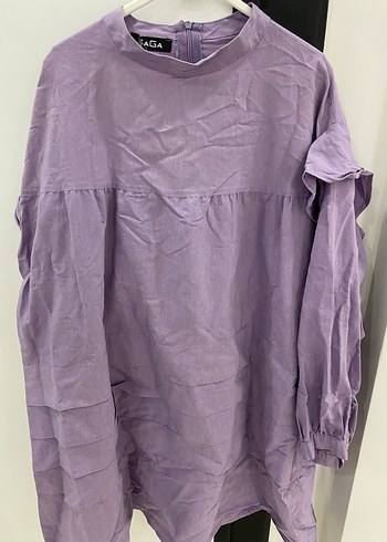 Uzun Kollu Mor Keten Tunik - Görsel 4