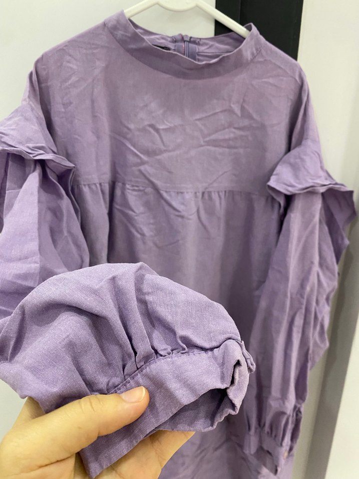 Uzun Kollu Mor Keten Tunik - Görsel 2