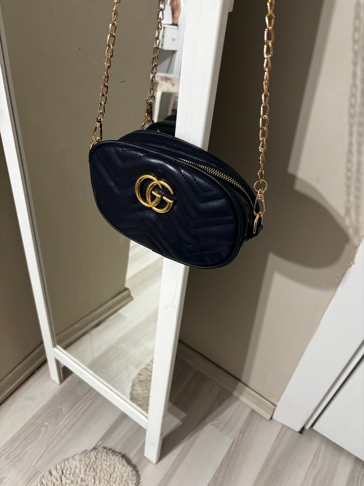 Zincir Detaylı lacivert Yılan Derisi Desenli Çanta ve Siyah Çant - Görsel 2