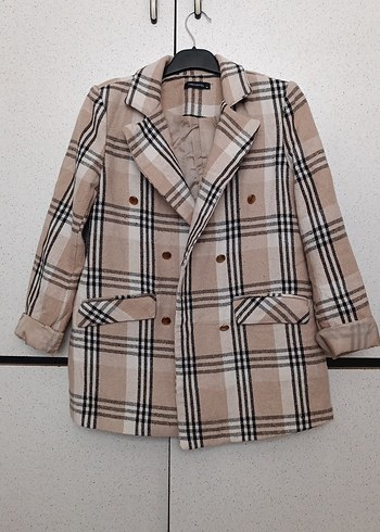 Bej Ekose Mini Kadın Blazer Ceket