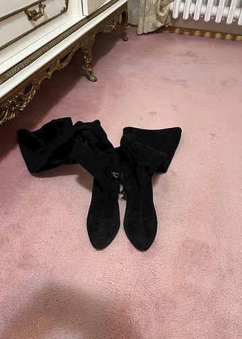 Siyah Süet Tokalı Stiletto Dizüstü Kadın Çizme - Görsel 7